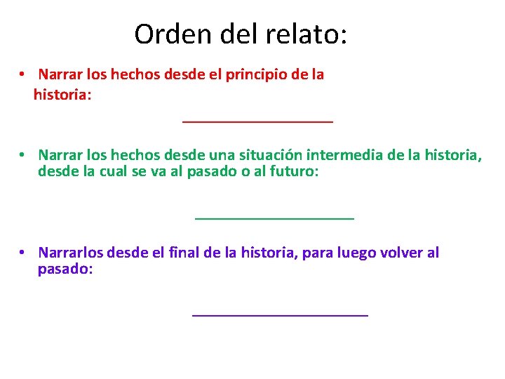 Orden del relato: • Narrar los hechos desde el principio de la historia: _________