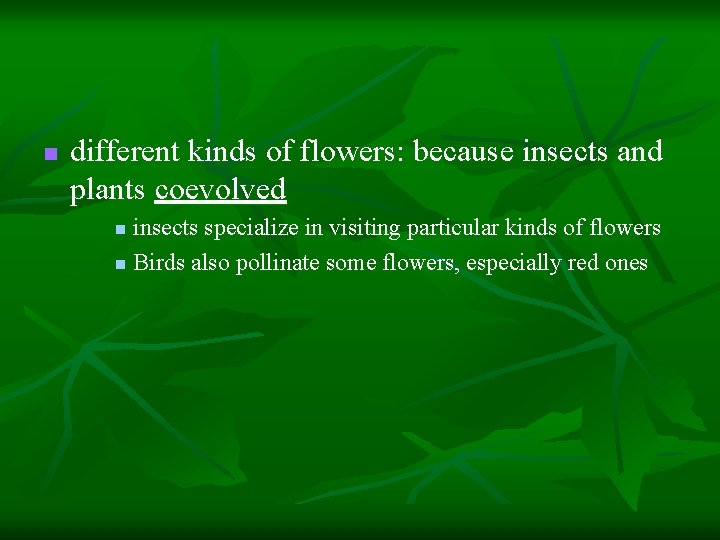 n different kinds of flowers: because insects and plants coevolved insects specialize in visiting