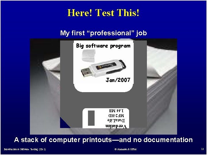 Here! Test This! My first “professional” job Big software– big program Micro. Steff software