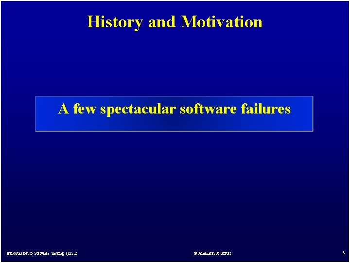 History and Motivation A few spectacular software failures Introduction to Software Testing (Ch 1)