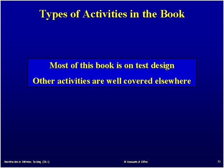 Types of Activities in the Book Most of this book is on test design