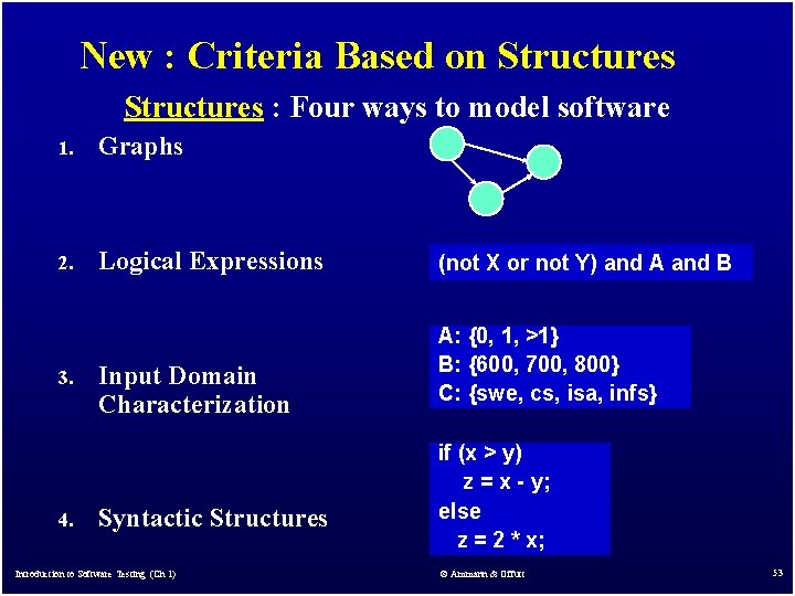 New : Criteria Based on Structures : Four ways to model software 1. Graphs