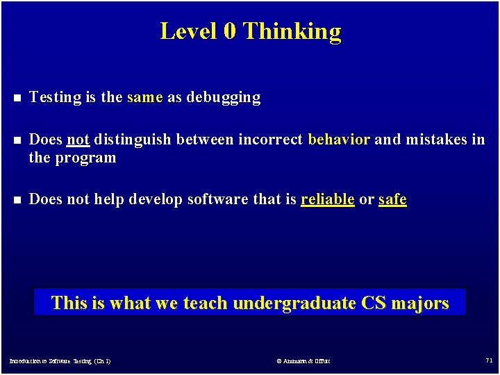 Level 0 Thinking n Testing is the same as debugging n Does not distinguish