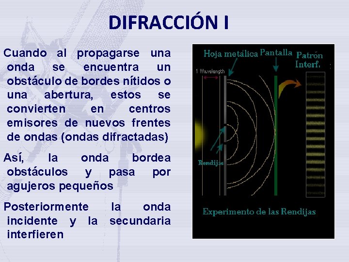 DIFRACCIÓN I Cuando al propagarse una onda se encuentra un obstáculo de bordes nítidos