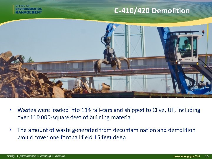 C-410/420 Demolition • Wastes were loaded into 114 rail-cars and shipped to Clive, UT,