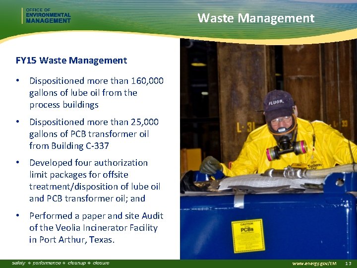 Waste Management FY 15 Waste Management • Dispositioned more than 160, 000 gallons of