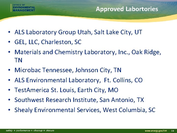 Approved Labortories • ALS Laboratory Group Utah, Salt Lake City, UT • GEL, LLC,