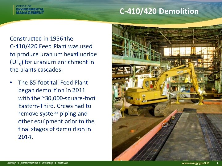 C-410/420 Demolition Constructed in 1956 the C-410/420 Feed Plant was used to produce uranium