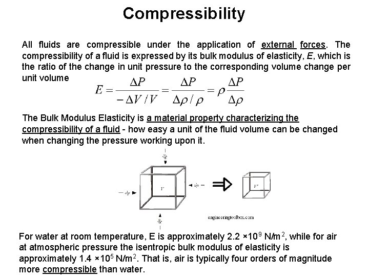 Compressibility All fluids are compressible under the application of external forces. The compressibility of