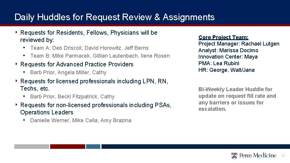 Daily Huddles for Request Review & Assignments ‣ Requests for Residents, Fellows, Physicians will