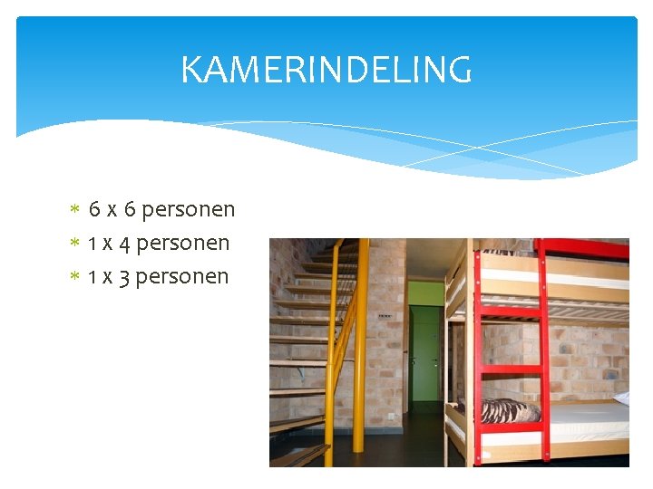 KAMERINDELING 6 x 6 personen 1 x 4 personen 1 x 3 personen 