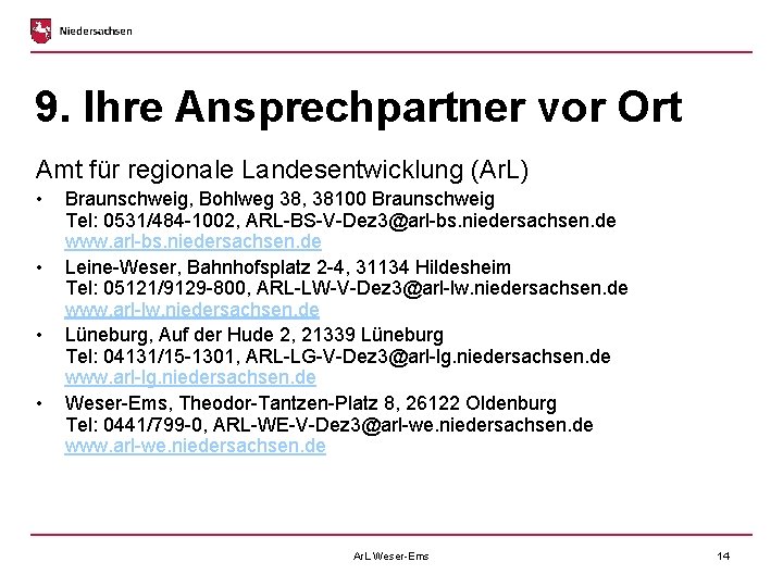 9. Ihre Ansprechpartner vor Ort Amt für regionale Landesentwicklung (Ar. L) • • Braunschweig,