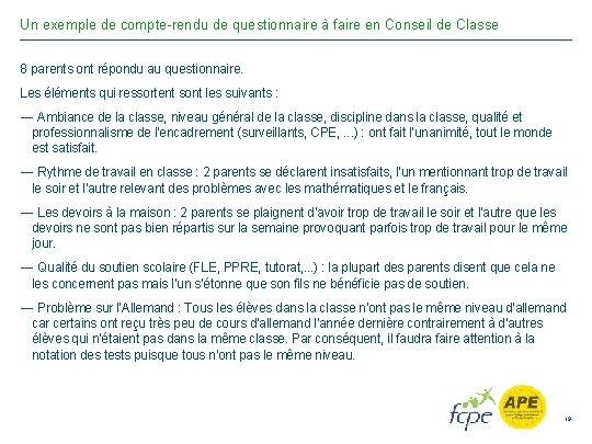 Un exemple de compte-rendu de questionnaire à faire en Conseil de Classe 8 parents