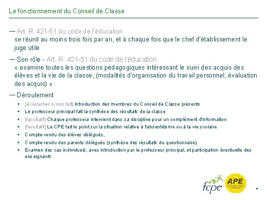 Le fonctionnement du Conseil de Classe — Art. R. 421 -51 du code de