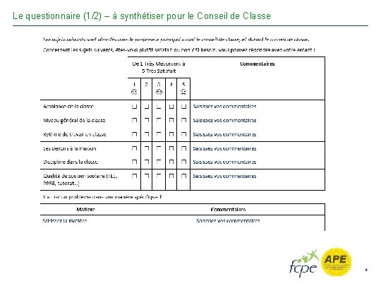 Le questionnaire (1/2) – à synthétiser pour le Conseil de Classe 6 