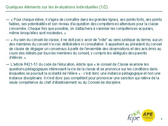 Quelques éléments sur les évaluations individuelles (1/2) — « Pour chaque élève, il s'agira