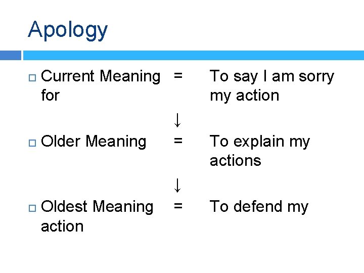 Apology Current Meaning = for ↓ Older Meaning = Oldest Meaning action ↓ =
