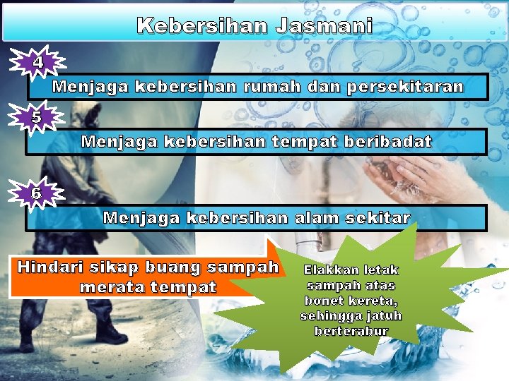 Kebersihan Jasmani 4 5 6 Menjaga kebersihan rumah dan persekitaran Menjaga kebersihan tempat beribadat