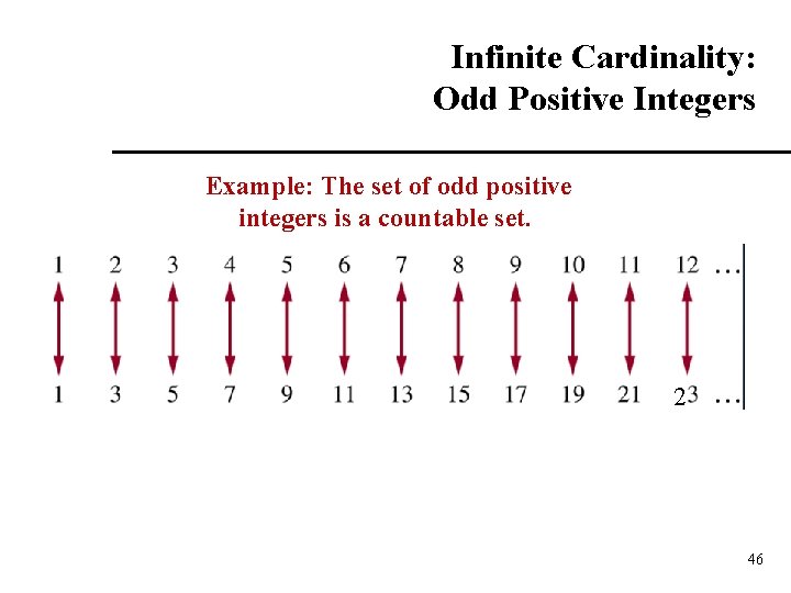 Infinite Cardinality: Odd Positive Integers Example: The set of odd positive integers is a