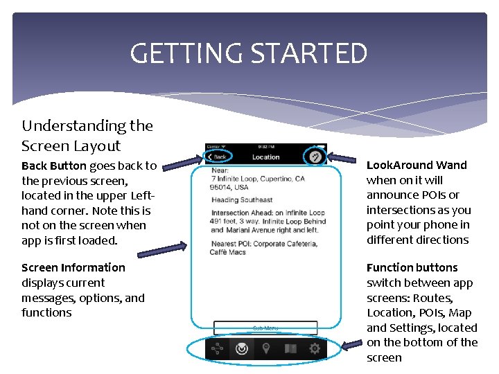 GETTING STARTED Understanding the Screen Layout Back Button goes back to the previous screen,
