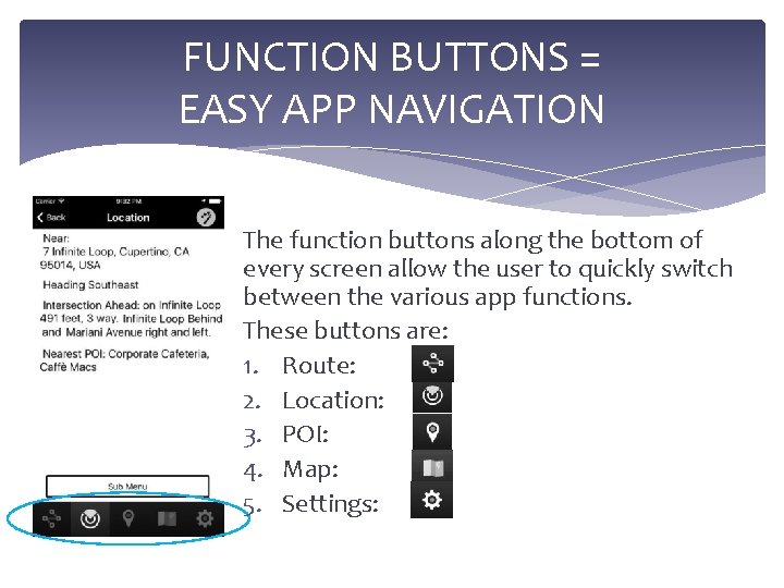FUNCTION BUTTONS = EASY APP NAVIGATION The function buttons along the bottom of every