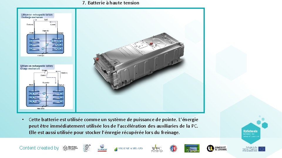 7. Batterie à haute tension • Cette batterie est utilisée comme un système de