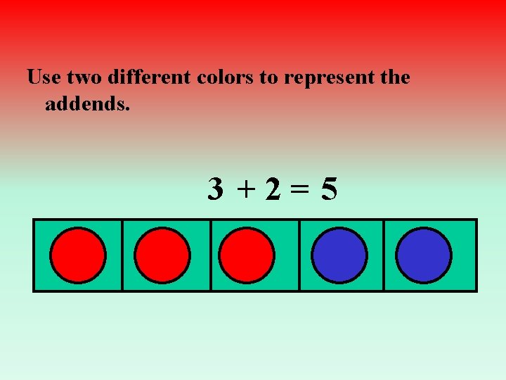 Use two different colors to represent the addends. 3 +2= 5 