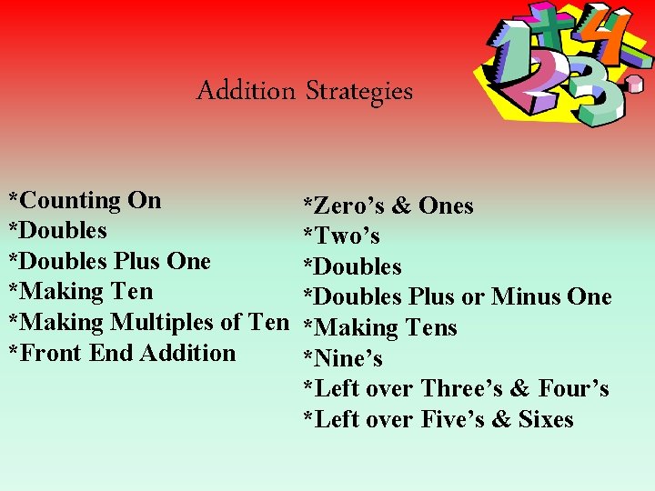 Addition Strategies *Counting On *Doubles Plus One *Making Ten *Making Multiples of Ten *Front