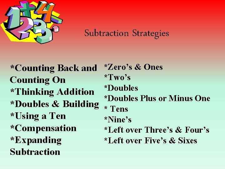 Subtraction Strategies *Counting Back and Counting On *Thinking Addition *Doubles & Building *Using a
