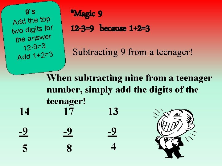 9’s Add the top or two digits f the answer 12 -9=3 Add 1+2=3