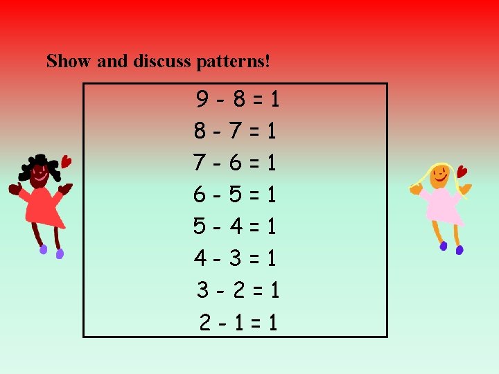 Show and discuss patterns! 9 -8=1 8 -7=1 7 -6=1 6 -5=1 5 -4=1