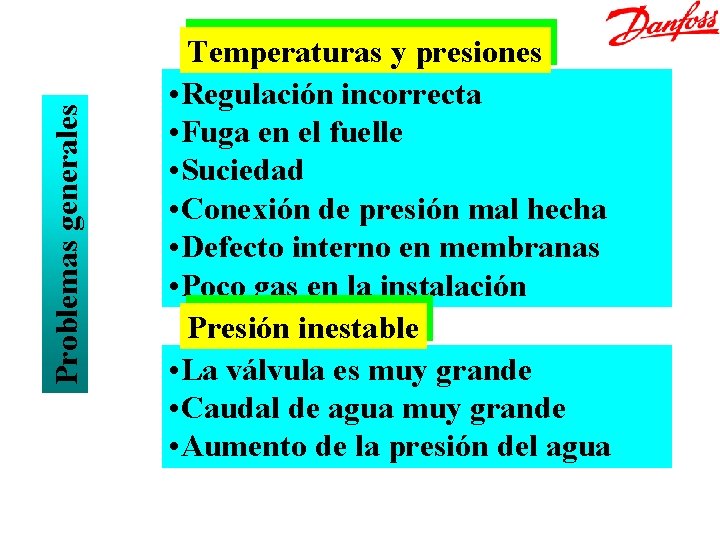 Problemas generales Temperaturas y presiones • Regulación incorrecta • Fuga en el fuelle •