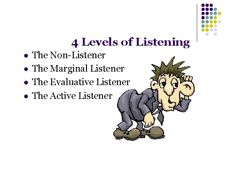 4 Levels of Listening l l The Non-Listener The Marginal Listener The Evaluative Listener
