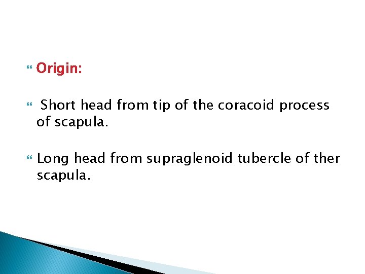  Origin: Short head from tip of the coracoid process of scapula. Long head