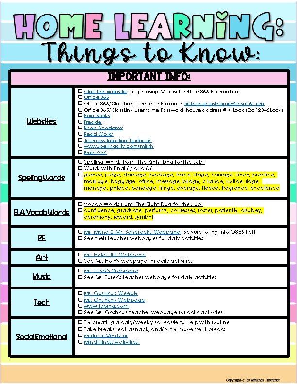 Things to Know: Important Info: Websites Spelling Words ELA Vocab Words PE Art q Things to Know: Important Info: Websites Spelling Words ELA Vocab Words PE Art q