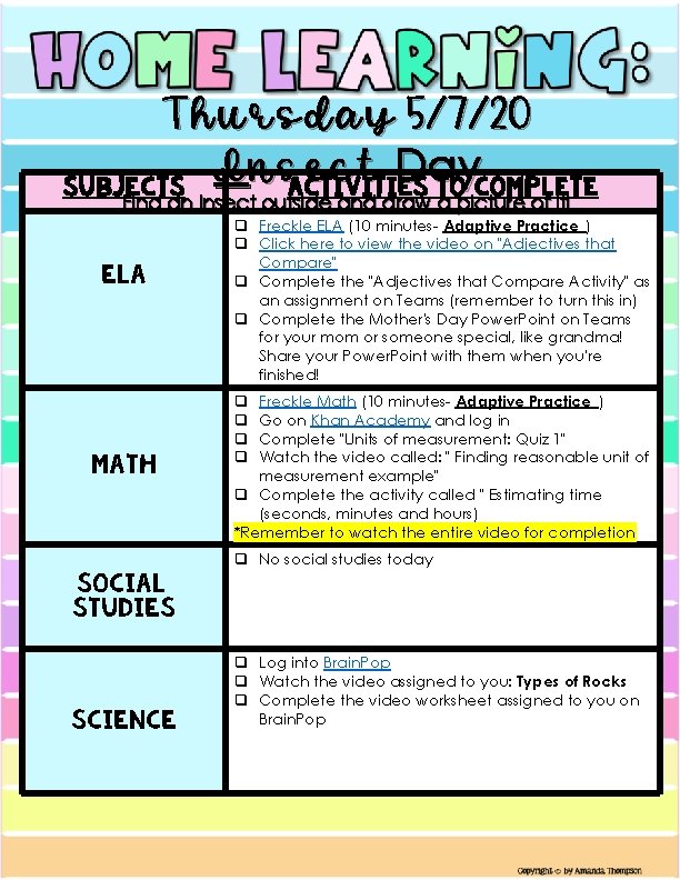Thursday 5/7/20 I nsect Day Subjects Activities to Complete Find an Insect outside and Thursday 5/7/20 I nsect Day Subjects Activities to Complete Find an Insect outside and