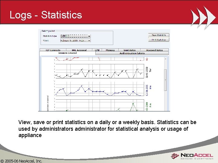 Logs - Statistics View, save or print statistics on a daily or a weekly