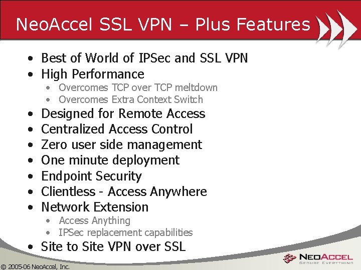 Neo. Accel SSL VPN – Plus Features • Best of World of IPSec and