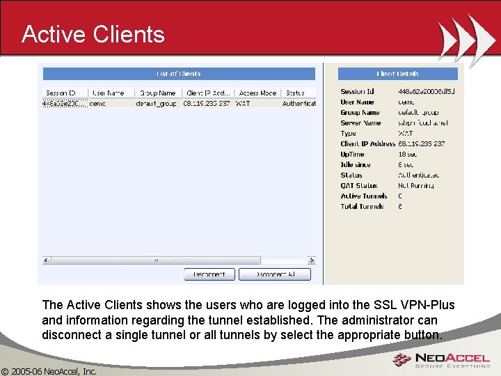 Active Clients The Active Clients shows the users who are logged into the SSL