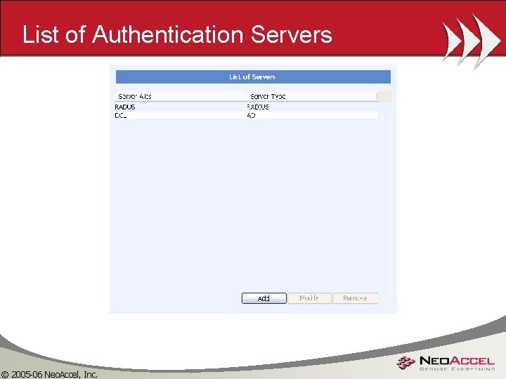 List of Authentication Servers © 2005 -06 Neo. Accel, Inc. 