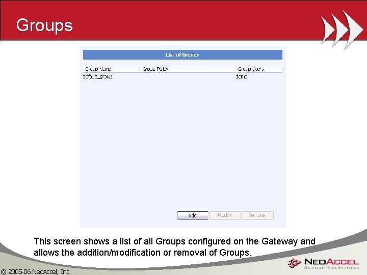 Groups This screen shows a list of all Groups configured on the Gateway and
