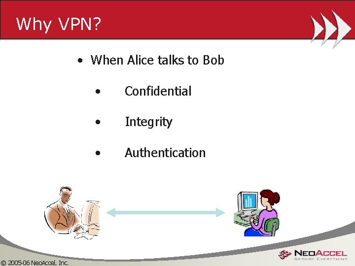 Why VPN? • When Alice talks to Bob © 2005 -06 Neo. Accel, Inc.