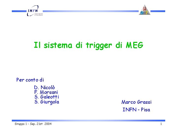 Il sistema di trigger di MEG Per conto di D. Nicolò F. Morsani S.