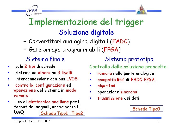 Implementazione del trigger Soluzione digitale – Convertitori analogico-digitali (FADC) – Gate arrays programmabili (FPGA)