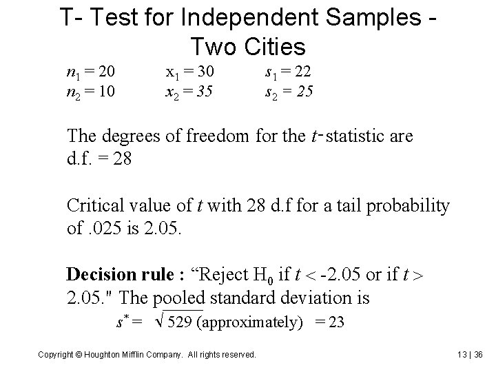 T- Test for Independent Samples Two Cities n 1 = 20 n 2 =