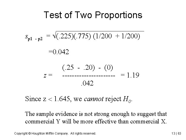 Test of Two Proportions sp 1 - p 2 = (. 225)(. 775) (1/200