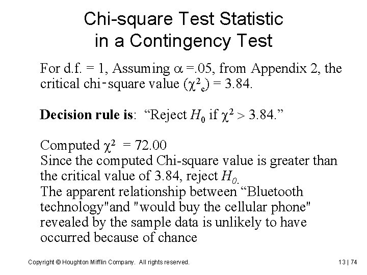 Chi-square Test Statistic in a Contingency Test For d. f. = 1, Assuming =.