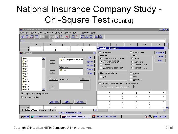 National Insurance Company Study Chi-Square Test (Cont’d) Copyright © Houghton Mifflin Company. All rights