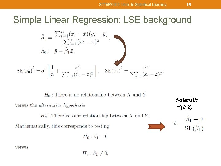 STT 592 -002: Intro. to Statistical Learning 15 Simple Linear Regression: LSE background t-statistic