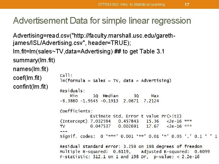 STT 592 -002: Intro. to Statistical Learning 17 Advertisement Data for simple linear regression